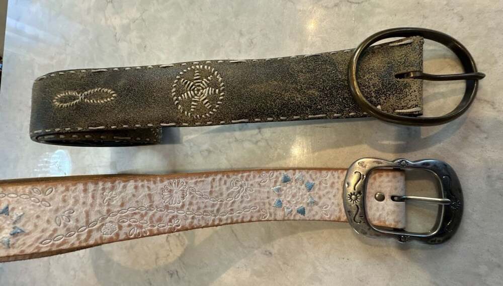 Lucky Brand Embossed Leather Belt Size 32 Brown Blue Floral AND Newport News lea